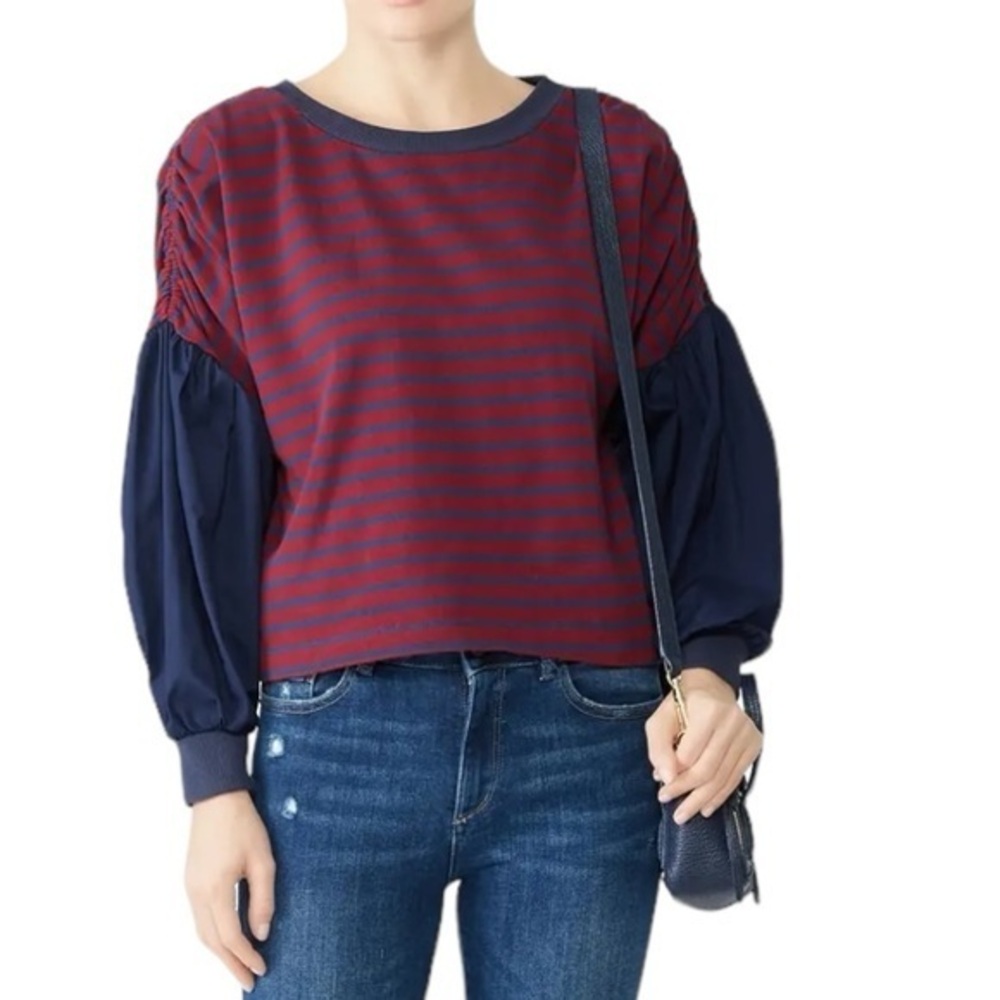 Kinly‎ Shirred sleeve stripe crew neck sweatshirt